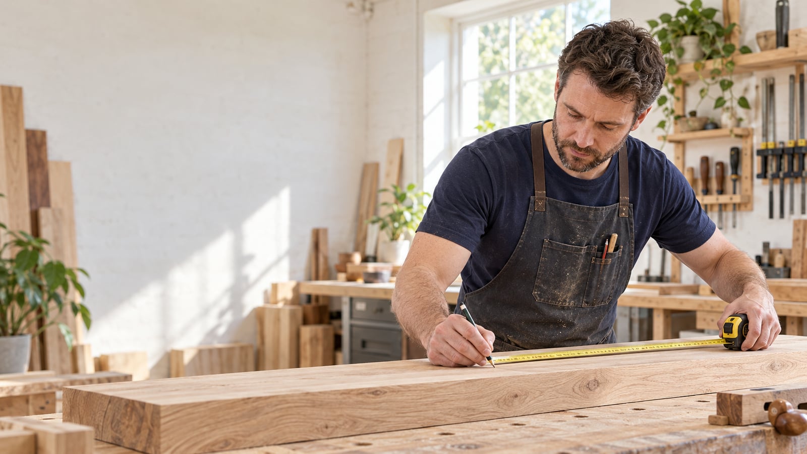 A craftsman measuring a timber board in a bright woodworking workshop